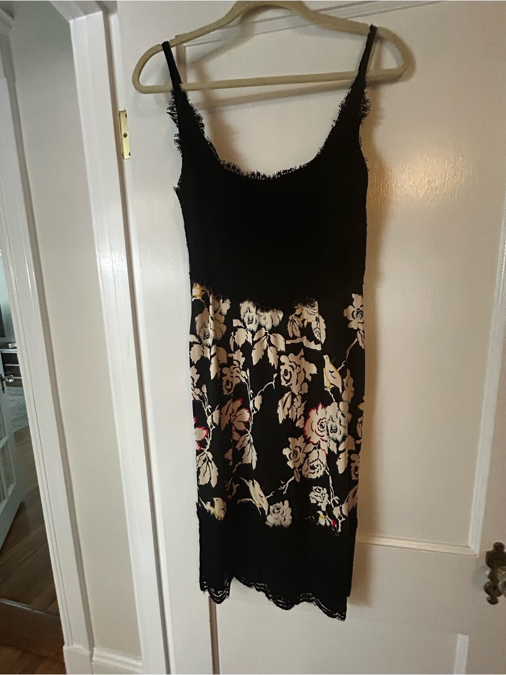 Diane Von Furstenberg Black Floral Slip Dress with Cream and Red Accents - Picture 2 of 7